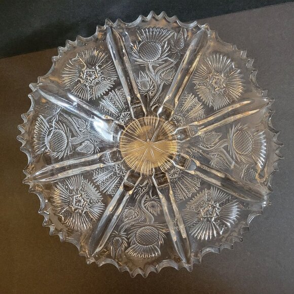 Vintage Higbee Pressed Glass Serving Bowl With Floral Thistle Pattern & Scallope - Picture 3 of 11